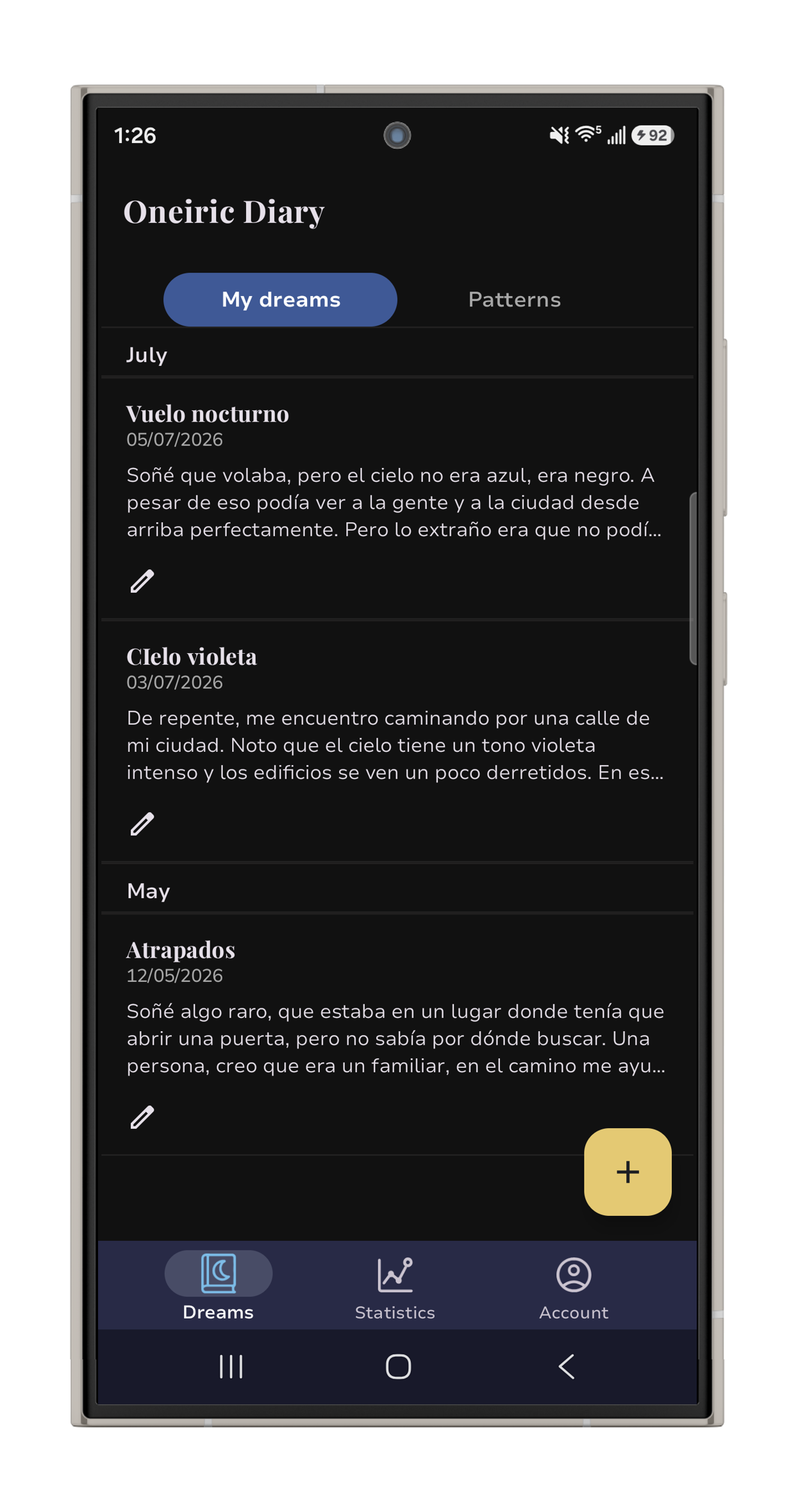 Captura de pantalla de Oneiric Diary en un teléfono Samsung Galaxy